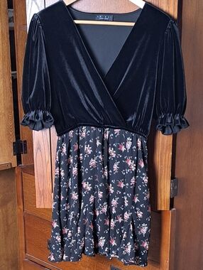 Trixxi Whimsigoth Black Velvet Floral Mini Dress Puff Sleeve